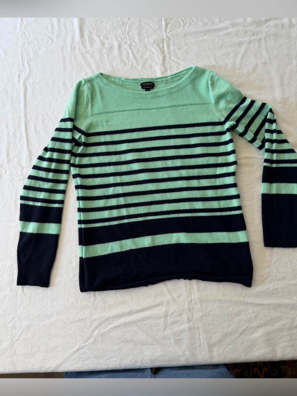 Talbots Mint Green and Navy Striped Boatneck Sweater